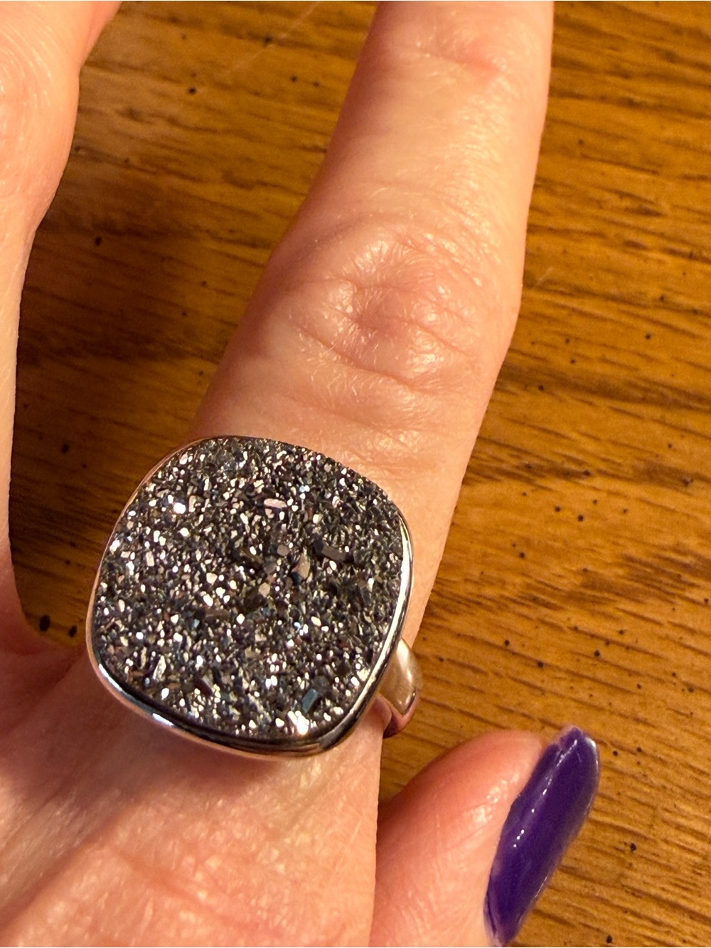 Size 7 Silver Druzy Statement Ring - Sparkling Gray Square